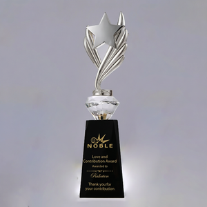 Étoile en métal argenté <span class=keywords><strong>de</strong></span> fabrication noble avec base en cristal noir, logo personnalisé sur mesure, cadeau d'entreprise, trophée scolaire, récompenses - Product Image 6