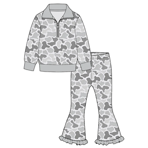 Ensemble de vêtements d'automne pour filles, style vacances, avec haut à fermeture éclair imprimé personnalisé et pantalon cloche, en coton biologique, décontracté, pour sœurs, vente en gros - Product Image 3
