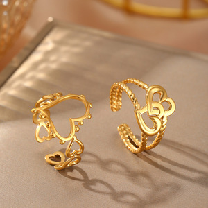 Nouvelle Bague de Fiançailles et de Mariage Ajustable en Acier Inoxydable Plaqué Or 18K avec Double Cœur et Zircon pour Femme, Design Tendance 2025 - Product Image 1