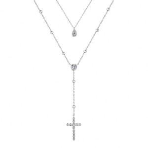 Dylam Sterling Silver 925 Christian Water Drop and <b>Cross</b> Pendant Layer Necklace - Product Image 1