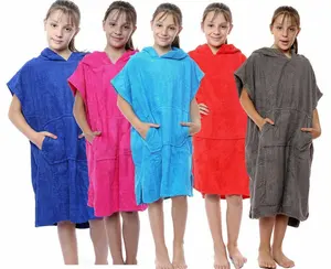 Wholesale 100% cotton/microfiber Hooded Poncho Children's Bathrobe Kids Beach Towel changing robe for Girls Boys
