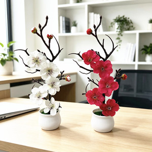 Bonsaï artificiel Paulon en fleurs de prunier, 27 cm de haut, mini pot de fleurs, rouge, rose, blanc, rose rouge, décoration d'intérieur, accessoires de mariage - Product Image 2