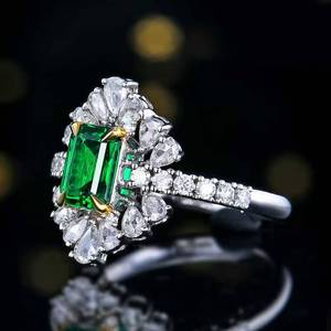 Elongated Rectangular Brilliant Cut Wharton <b>Green</b> Natural Emerald <b>Ring</b>, 18K Gold Setting Adorned 30 Large Shiny Side diamonds - Product Image 2