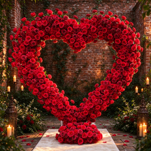 DKB ARCH413 Arche de mariage romantique en forme de cœur avec roses rouges, support de toile de fond, décoration florale artificielle en soie, 7-8 pieds, écologique - Product Image 1