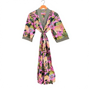 Robe kimono longue imprimée pour femme, col en V, manches trois quarts, mode estivale, vêtement de nuit en coton doux - Product Image 1