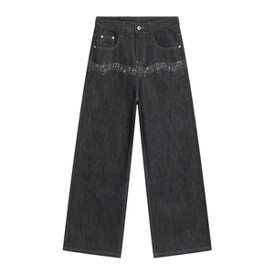 Jeans de <span class=keywords><strong>Hombre</strong></span> Lisos con Bordado de Notas Musicales Estilo Retro Americano - Pantalones de Corte Recto Holgado en Forma de A - Product Image 6