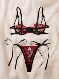 Wholesale Heart Embroidery Lace Lingerie <b>Set</b> <b>Sexy</b> Sheer Mesh Underwire Bra and Tie Side Thong Panties <b>Set</b> 2 Piece Intimates <b>Set</b> - Product Image 4