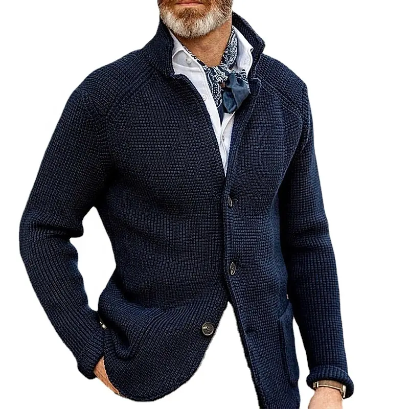 Men's Knit Solid Color Fitted Double Pocket Button Apple Neck Cardigan Sweater Jacket