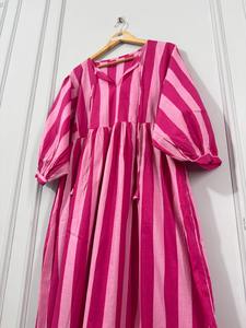 Robe midi rayée en coton pour femme, manches ballon, coupe décontractée, collection boutique ethnique décontractée d'été - Product Image 6