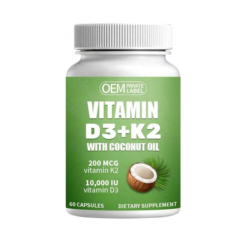 Частная Марка 10000 IU Vitamin D3 K2 200mcg капсулы для костных зубов, мышц и иммунной поддержки, Осветление кожи-60 капсул