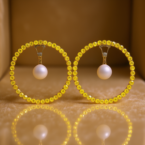 Orecchini a Cerchio Gialli con Cristalli per Donna, Gioielli alla Moda con Pietra Citrino Incastonata a Canale, Pezzo di Tendenza - Product Image 2