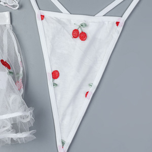Conjunto de lencería de malla transparente con bordado de cerezas, tentación sexy, conjunto de sujetador de tres piezas al por mayor - Product Image 5