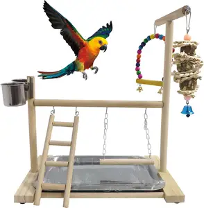 Bird Playground Parrots Play Stand Natural Wooden Parrot Perch Gym Playpen Pet Parakeet Ladders with Feeder Cups