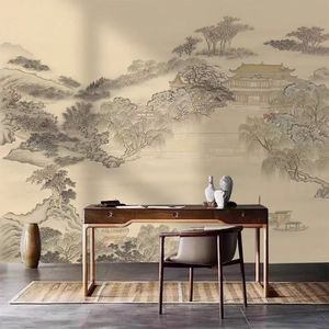 <span class=keywords><strong>Papier</strong></span> <span class=keywords><strong>peint</strong></span> mural personnalisé moderne japonais, <span class=keywords><strong>motif</strong></span> <span class=keywords><strong>montagne</strong></span>, rivière et temple ancien, autocollant, imperméable, pour chambre à coucher et fond de canapé - Product Image 2