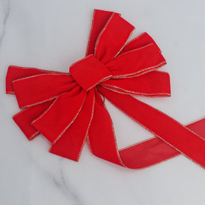 Lazos de terciopelo rojo grandes flocados con borde dorado de Dacron reutilizables para la decoración del árbol de Navidad, venta al por mayor de fábrica - Product Image 4