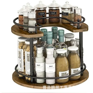 Iron And Wood Storage <b>Rack</b> 2 Tier 360 <b>Rotating</b> Kitchen <b>Spice</b> Organizer For Condiments And Snacks - Product Image 1