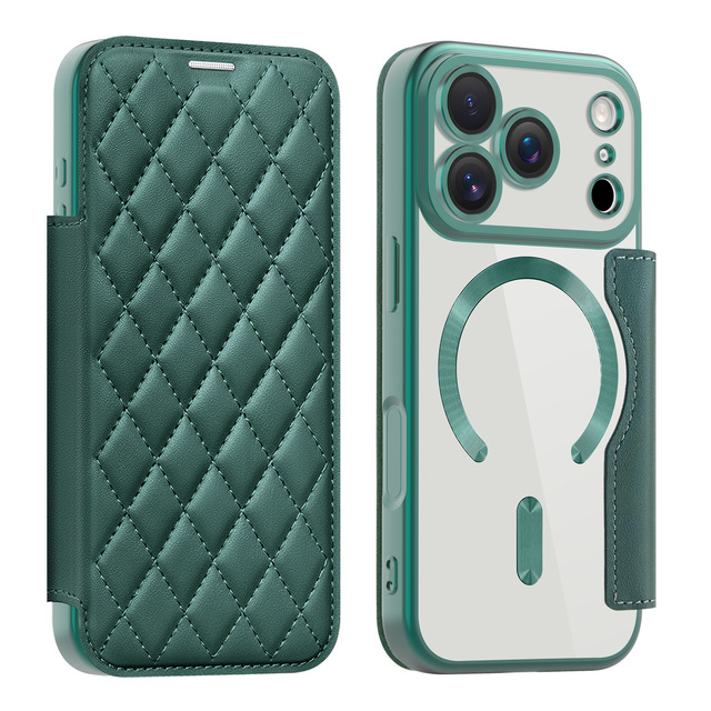 Flip Leather Cover with Card Slots for iPhone 17/17 Pro Max Glossy Electroplated TPU Magnetic Case Full Camera Lens Protected