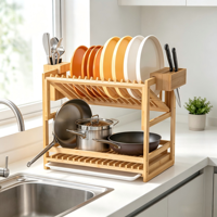 Étagère de rangement de cuisine à 2 niveaux en bambou grande capacité, gain de place, avec égouttoir et porte-fourchettes