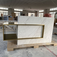Bureau de réception central de Spa en pierre blanche, comptoir de réception en acier inoxydable or, avec trou de câble, marbre, blanc