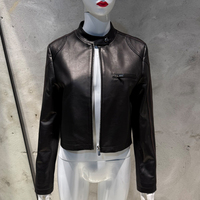 Veste de motard slim pour femme en cuir d'agneau véritable, col montant, coupe courte, style décontracté