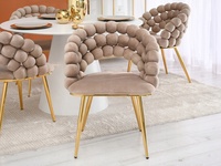 Fauteuil Design Boule Beige Rembourré, Chaise de Salle à Manger Moderne en Velours avec Pieds en Métal Doré