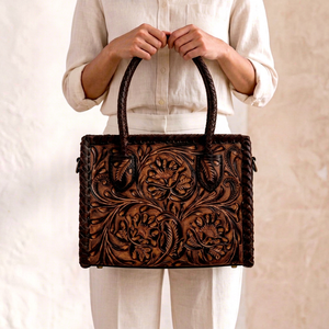 Brown Bohemian Floral Embossed Genuine Leather Two-Handle Waterproof Shoulder <b>Bag</b> Hand <b>Tool</b> <b>Tote</b> Purse Zipper Closure Portable - Product Image 1