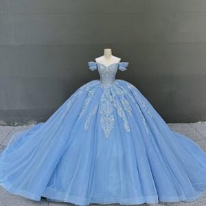 हॉट सेल आधुनिक ब्लू क्विंनेरा बॉल गाउन और बैक डिज़ाइन ट्रेन शाम के साथ काली पोशाक और बैक डिज़ाइन ट्रेन शाम - Product Image 4