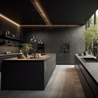 Armoires de cuisine autoportantes noires personnalisées, placage de bois de pin, panneau en mélamine, design de cuisine moderne complet
