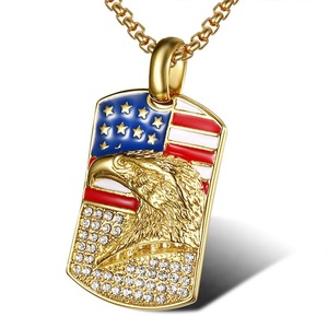Collier pendentif aigle hip-hop plaqué or en acier inoxydable avec strass drapeau américain, bijou pour homme, cadeau - Product Image 2