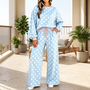 Conjunto de 2 Piezas de Moda para Mujer, Estilo Casual con Estampado de Lunares, Sudadera de Cuello Redondo y Pantalones Anchos, Estilo Varsity, Conjunto de Pijama - Product Image 2
