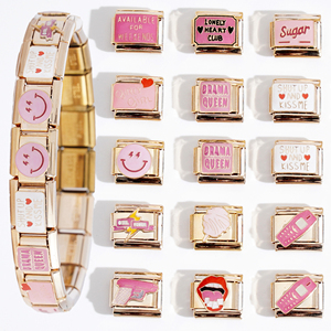 Pulsera de Charms Italianos de Acero Inoxidable con Baño de Oro PVD de 18K de Alta Calidad, Diseño Popular con Palabras Rosadas y Motivos de Azúcar - Product Image 2