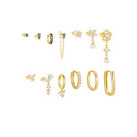 Ensemble de 3/4 pièces tendance et minimaliste en argent sterling S925 avec zircon et saphir, comprenant des boucles d'oreilles pendantes à chaîne, des boucles d'oreilles créoles et des clous d'oreilles fleur et perle pour femme