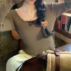 Maglione Dolce in <span class=keywords><strong>Pizzo</strong></span> a Maniche Lunghe per Donna, Top Aderente con Fiocco per l'Autunno - Product Image 2