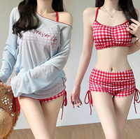 Set Baju Renang 3 Potong Motif Pantai Musim Panas untuk Anak Perempuan, Gaun Cover-Up dengan Kerah Scoop, Tali Serut, Ruffle, Bahan Bernapas Cepat Kering, Ukuran Besar