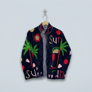 Handmade Summer Vacation Style Women Coat Velvet <b>Mandarin</b> <b>Collar</b> <b>Jacket</b> With Hand Embroidered Tropical Pattern Full Sleeve - Product Image 1