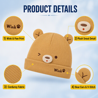 Bonnet en velours côtelé pour bébé et tout-petit avec oreilles d'ours 3D, broderie mignonne, doux et chaud, style docker, pour la protection solaire en extérieur