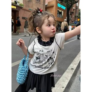 <b>Bubble</b> Papa Girls' Short Sleeve T-Shirt Off-White Cartoon Print Cotton Summer <b>Top</b> For Children - Product Image 3