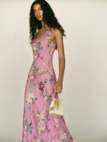 Robe longue décontractée pour femme en mousseline rose à bretelles fines, imprimé floral, col en V, lavable, pour soirée et tenue élégante d'été