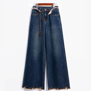 Jeans Anchos de <span class=keywords><strong>Mujer</strong></span> Huanqiu, Color Azul Oscuro, Lavado, con Dobladillo Bordado y Deshilachado, Cintura Alta - Product Image 1