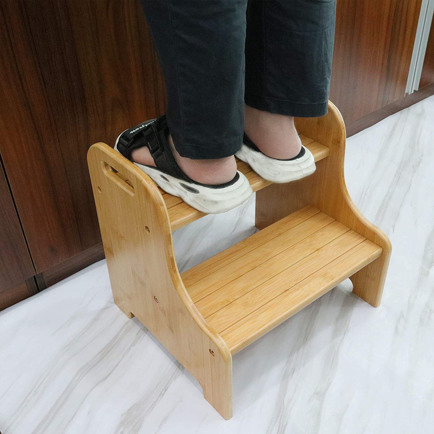 Bamboo 2 Step Stool toilet stool with Non-Slip Step Treads and 2 Cutout Handles