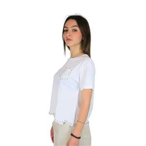 T-shirt Donna DKE9007 Bianco blanc avec détail poche en strass, vêtements décontractés pour femmes - Product Image 2