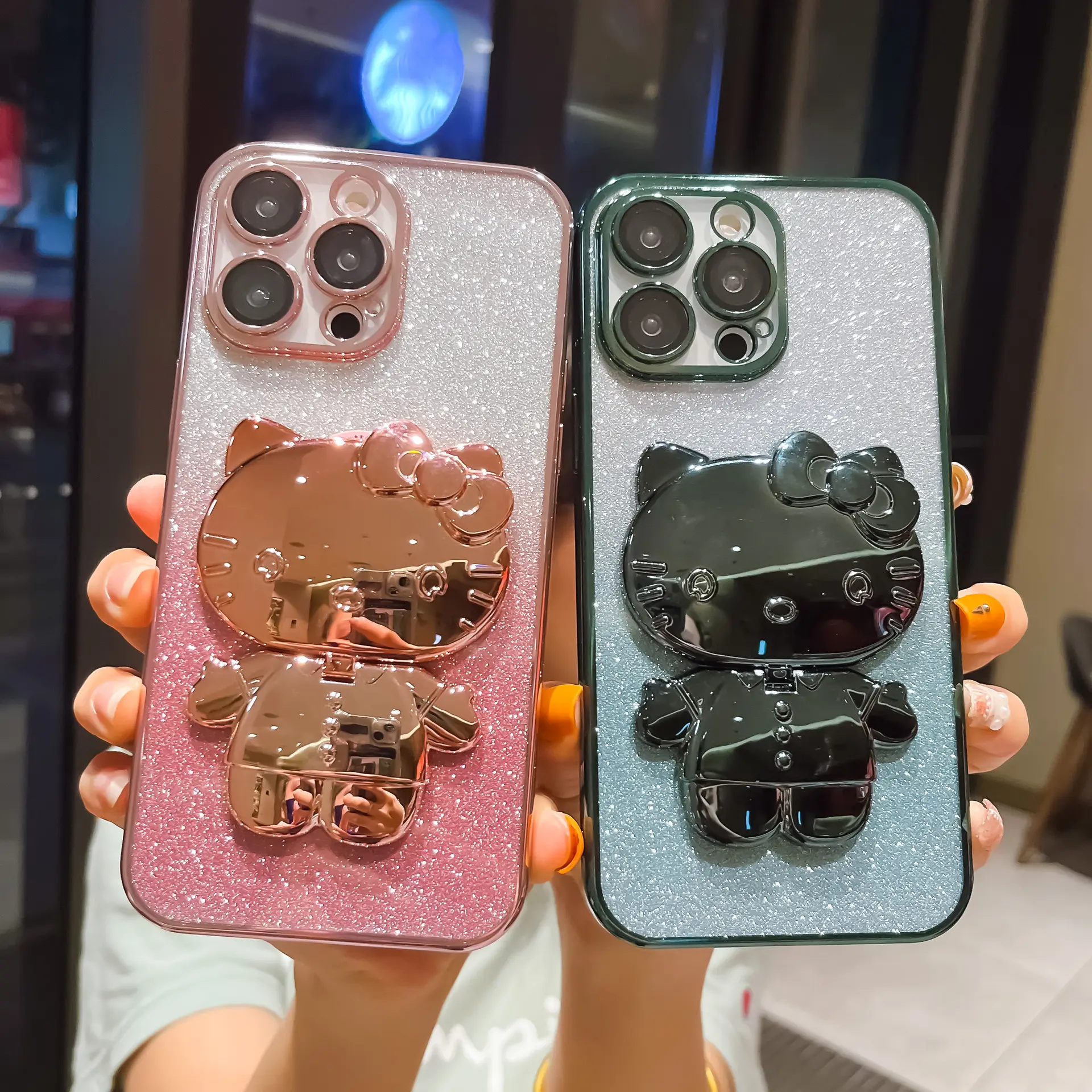 Popular with girls Hello Cute Kitty 3D Cat Makeup Mirror Mobile TPU Phone Case with Holder For iPhone 14 13 12 11 Pro max