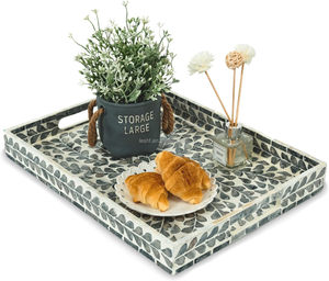 Gelakt Parelmoer Ingelegd Mozaïek Dienblad Rechthoekige Houten Marmeren Handgrepen Voor Thee Ontbijt Borden - Product Image 1