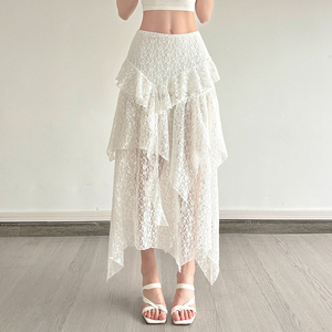 Romantic Eco-Friendly Lace Ruffle Breathable Anti-Pilling Natural Waist A-Line Maxi Skirt Women <b>Flowy</b> Casual Spandex/Polyester - Product Image 4