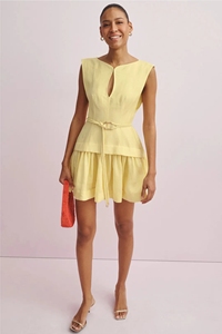 Personalizza il Tuo Design: Abito Corto Estivo da Donna in Misto Lino <span class=keywords><strong>Giallo</strong></span> con Collo a Goccia, Cintura e Senza Maniche - Product Image 4