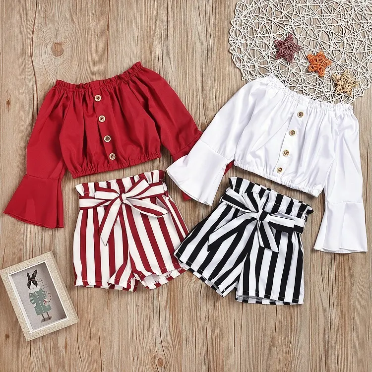 Kids Baby Girls Ruffles Off Shoulder Solid Color Tops+ Striped Shorts Outfits 2pcs Set Baby Girls Long Sleeve Shorts Suit