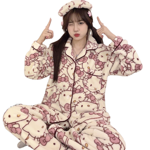 Atacado Olá <span class=keywords><strong>Kitty</strong></span> Leite Pijamas De Seda para As Mulheres V-Neck Bonito Doce Casa Roupas para Noite Inverno Primavera Carta Padrão - Product Image 4