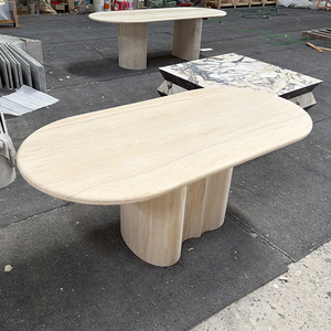 Tavolo da Pranzo in <span class=keywords><strong>Travertino</strong></span> a Grana Neutra Dream Home, con Piedistallo Monolitico Ondulato e Curvo, Bordo Ovale Arrotondato Morbido, Tavolo da Cena di Lusso Wabi - Product Image 5