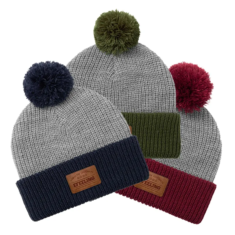 Wholesale knit custom winter beanies cap hats leather patch pom pom beanie