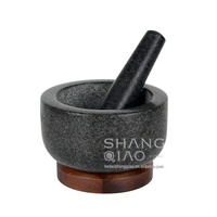 Ensemble de mortier et de pilons en granit noir, prix d'usine, plateau en bois, piédestal classique, mortier et pilon en granit avec Base en bois